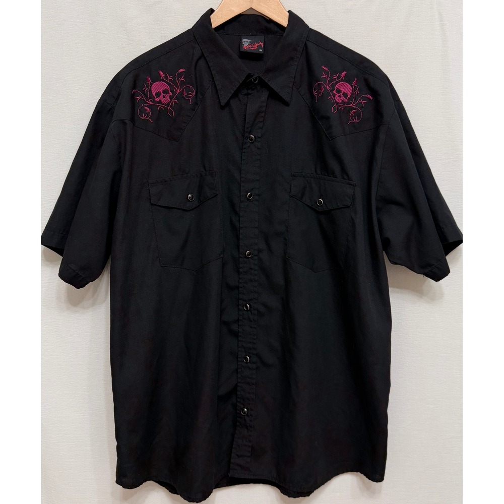 Rocksteady Men Button Up Shirt Black Pink Skull Embroidery Western Rockabilly 2X